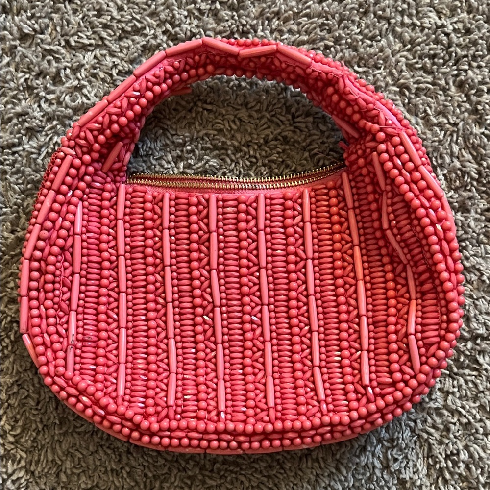 Handcrafted Coral Pink Beaded Hobo Bag